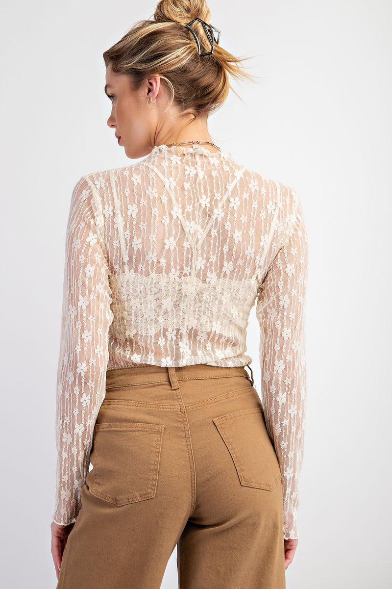 Sheer Lace High Neck Layering Top Ivory