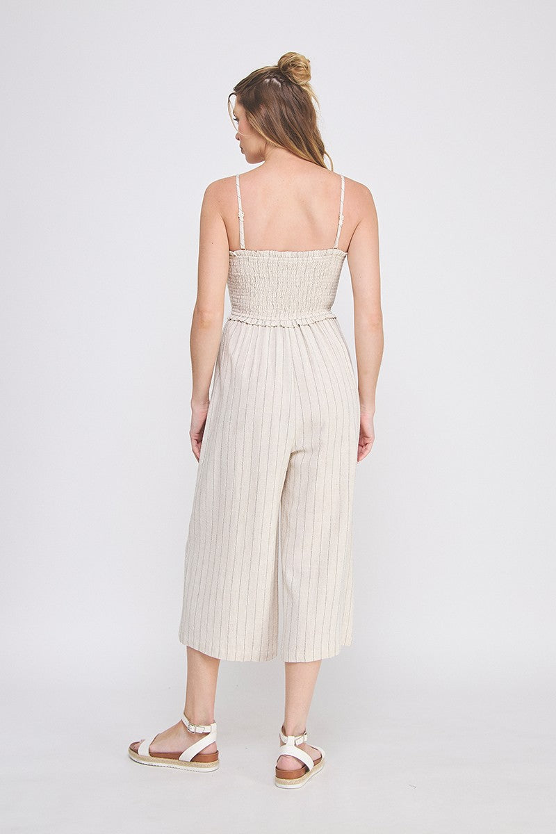 Smocked Sweetheart Linen Crop Leg Jumpsuit Natural Stripe