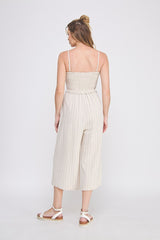 Smocked Sweetheart Linen Crop Leg Jumpsuit Natural Stripe