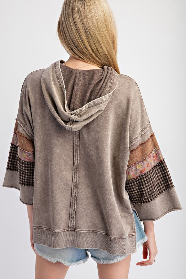 3/4 Sleeve Mix Pattern Patch Detail Hoodie Mocha