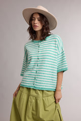 Stripe Short Sleeve Cardigan Green + White