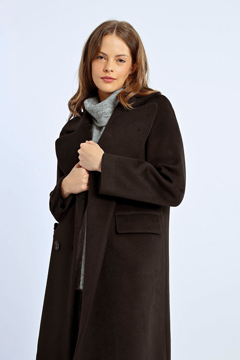 Double Breasted Notched Collar Long Coat Black