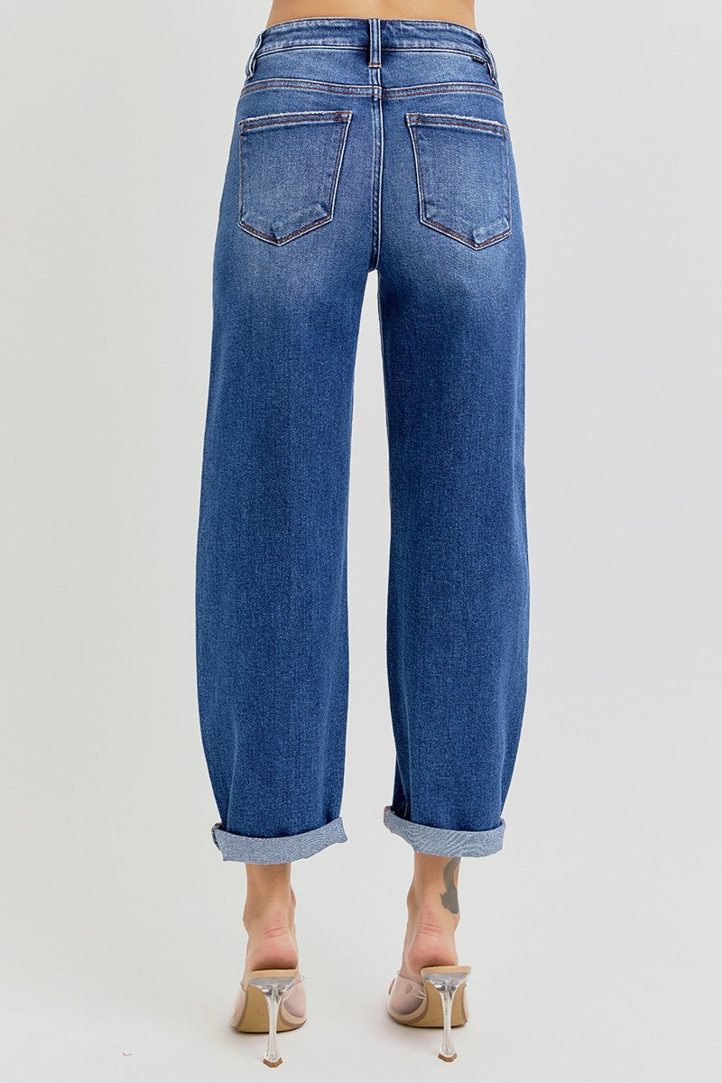 High Rise Crop Mild Barrel Leg Jeans Dark