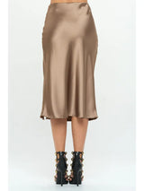 Solid Stretch Satin Midi Slit Skirt Dune