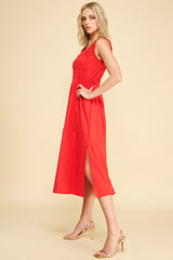 Poplin A Line Midi Sleeveless Dress Red