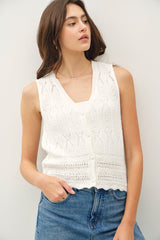 Crochet Knit Detail Button Up Sweater Tank Off White