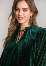 Ruffle Detail Texture Sleeve Velvet Peplum Top Hunter Green