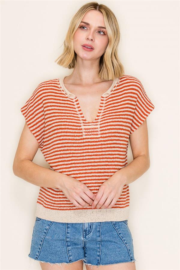 Split Neck Stitch Detail Striped Sweater Top Rust