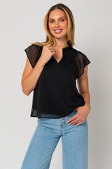 Short Flowy Sleeve Slit Neck Shirring Top Black