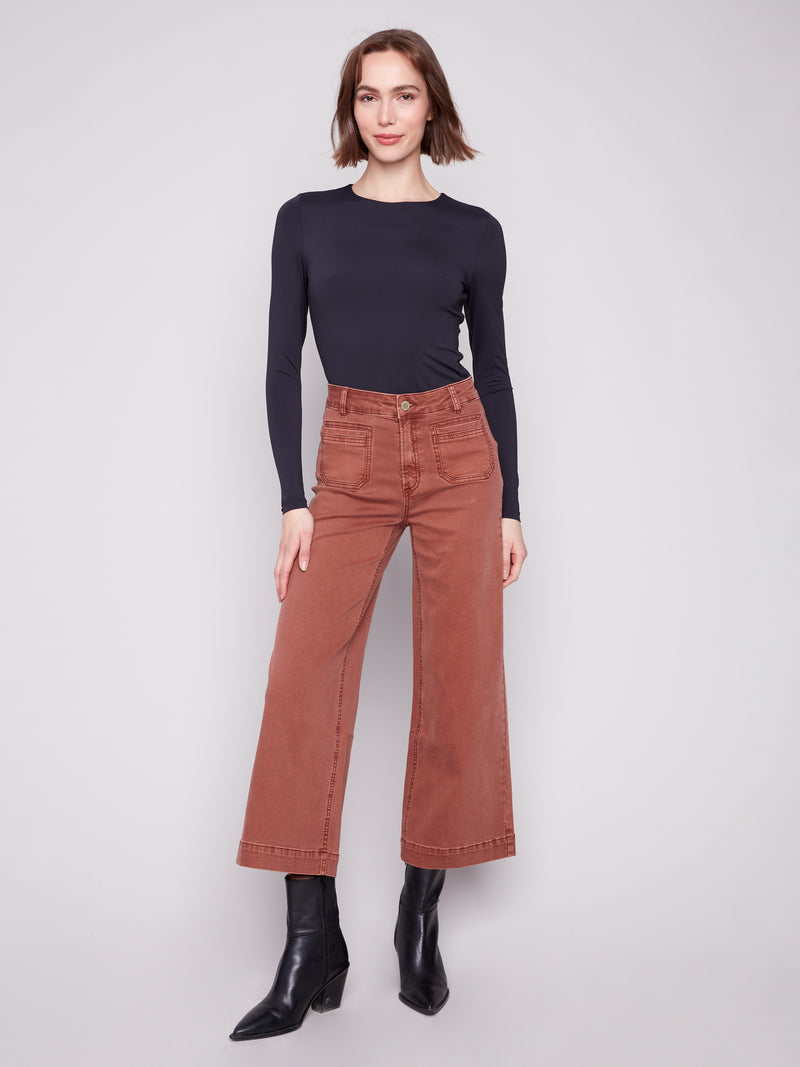 Patch Pocket Wide Leg Twill Pants Sepia