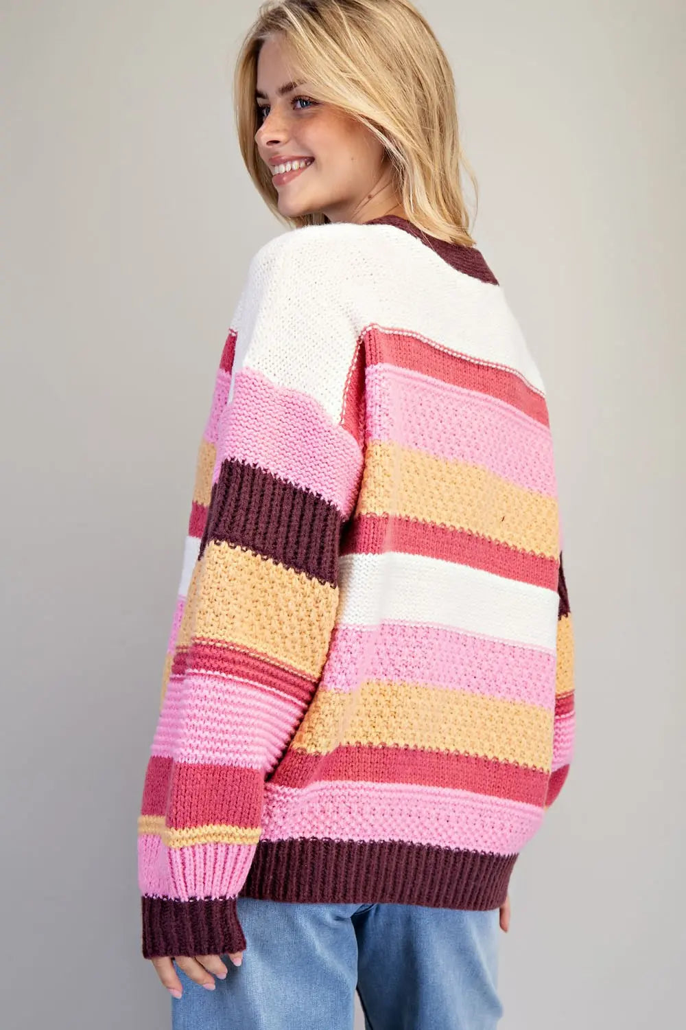 Multicolor Mix Knit Striped Long Sleeve Cardigan Berry Cookie