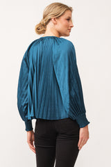 Deletta Pleated Satin Ruched Cuff Blouse Deep Teal