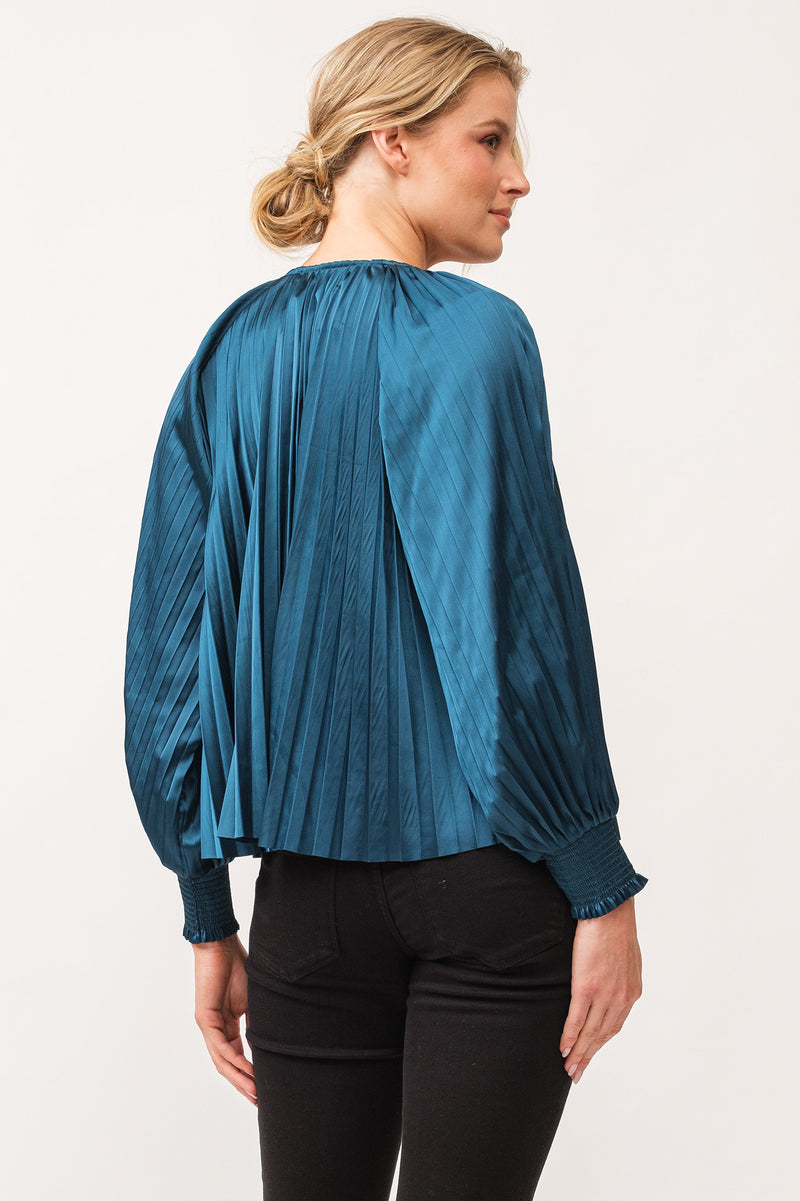 Deletta Pleated Satin Ruched Cuff Blouse Deep Teal