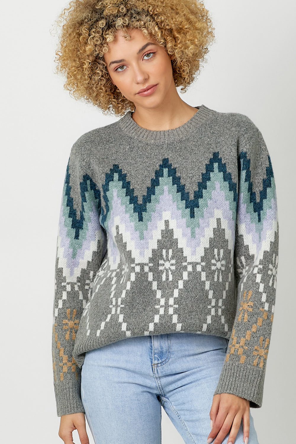 Fair Isle Printed Pullover Sweater Grey Mix