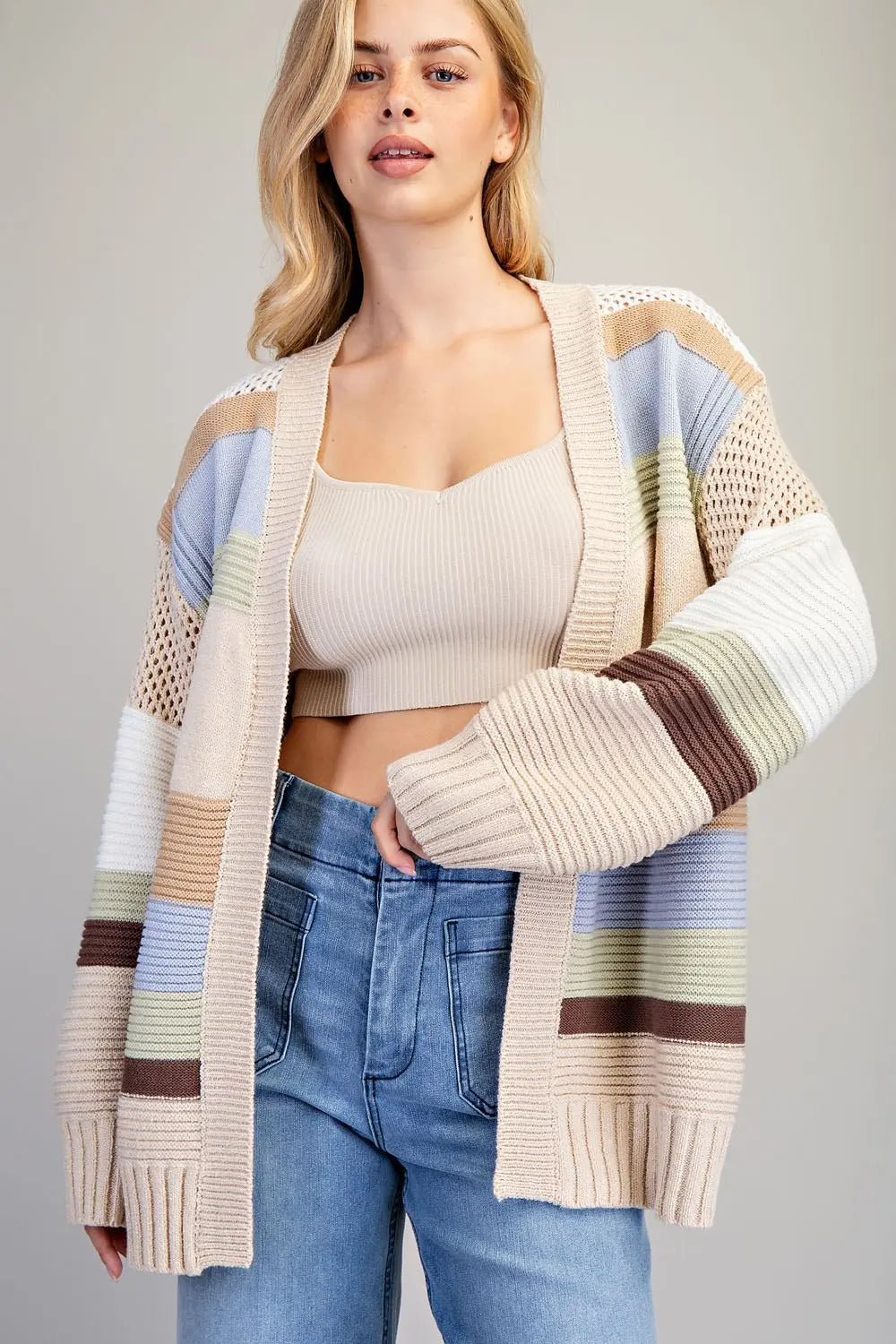 Textured Multicolor Open Front Cardigan Sage Breeze