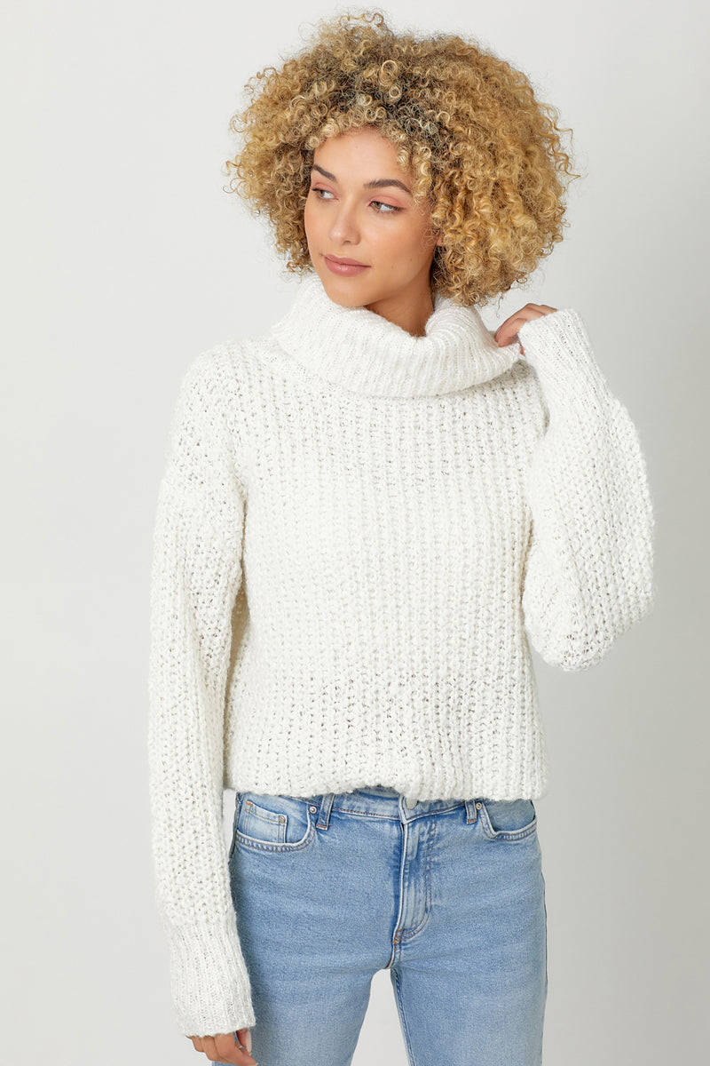 Chunky Loose Knit Turtleneck Cropped Sweater Ivory