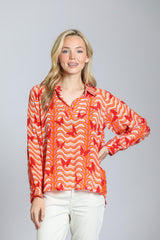 Collared Vneck Printed Blouse Bright Orange Butterflies