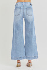 High Rise Ankle Wide Leg Tabbed Patch Pocket Jeans Light