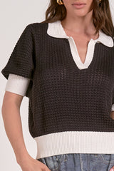 Puff Short Sleeve Contrast Collared Sweater Black White