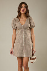 Short Puff Sleeve Zip Front Striped Denim Mini Dress Brown + White