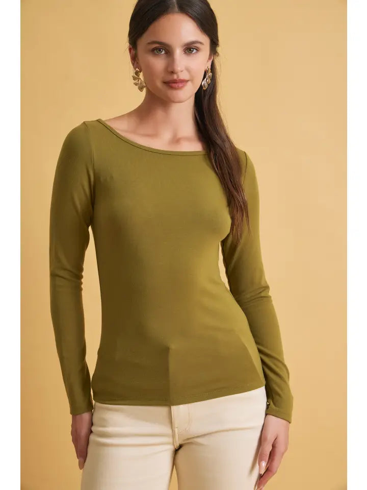 Ultra Soft Basic Boatneck Long Sleeve Tee Moss