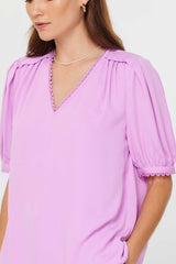 Lace Trim Pleated Shoulder Short Sleeve Blouse Orchid