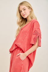 Mineral Washed Bow Trim Slit Sleeve Top Red