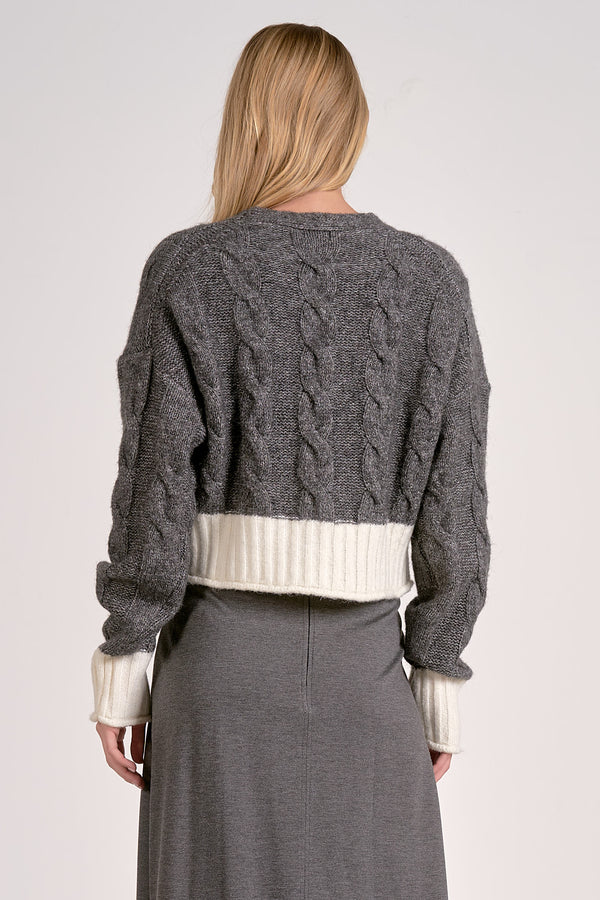 Two Tone Cable Knit Sweater Cardi Grey + White
