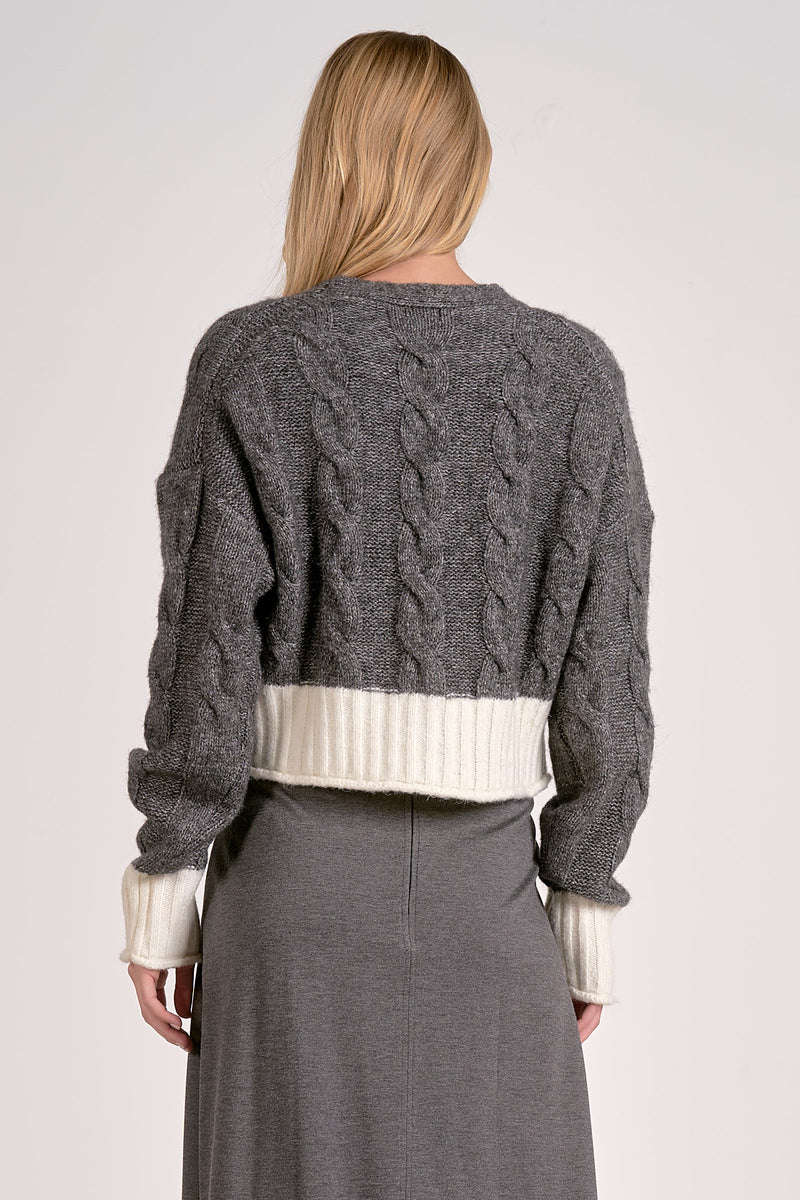 Two Tone Cable Knit Sweater Cardi Grey + White