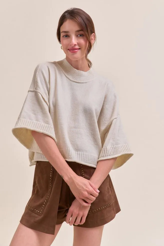 Mock Neck Short Sleeve Boxy Sweater Ivory