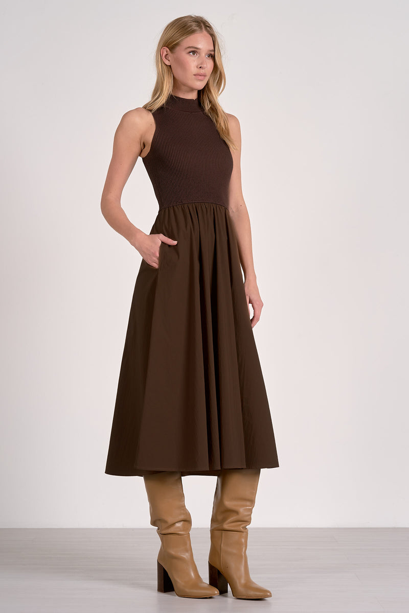 Mock Neck Ribbed Contrast Midi Dress Cocoa