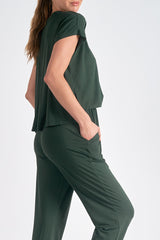 Short Sleeve Hi Low Jogger Jumpsuit Dark Green