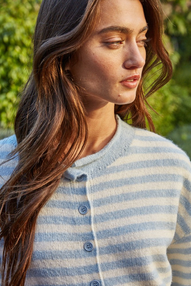 Kelsey Quarter Sleeve Stripe Cardigan Light Blue Ivory