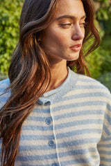 Kelsey Quarter Sleeve Stripe Cardigan Light Blue Ivory