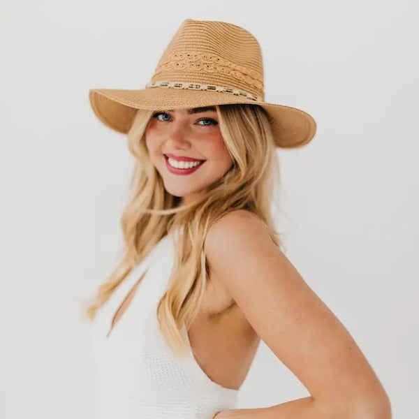 Isabella Woven Beaded Band Straw Sun Hat Tan