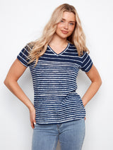 Linen Jersey Vneck Tee Stripes
