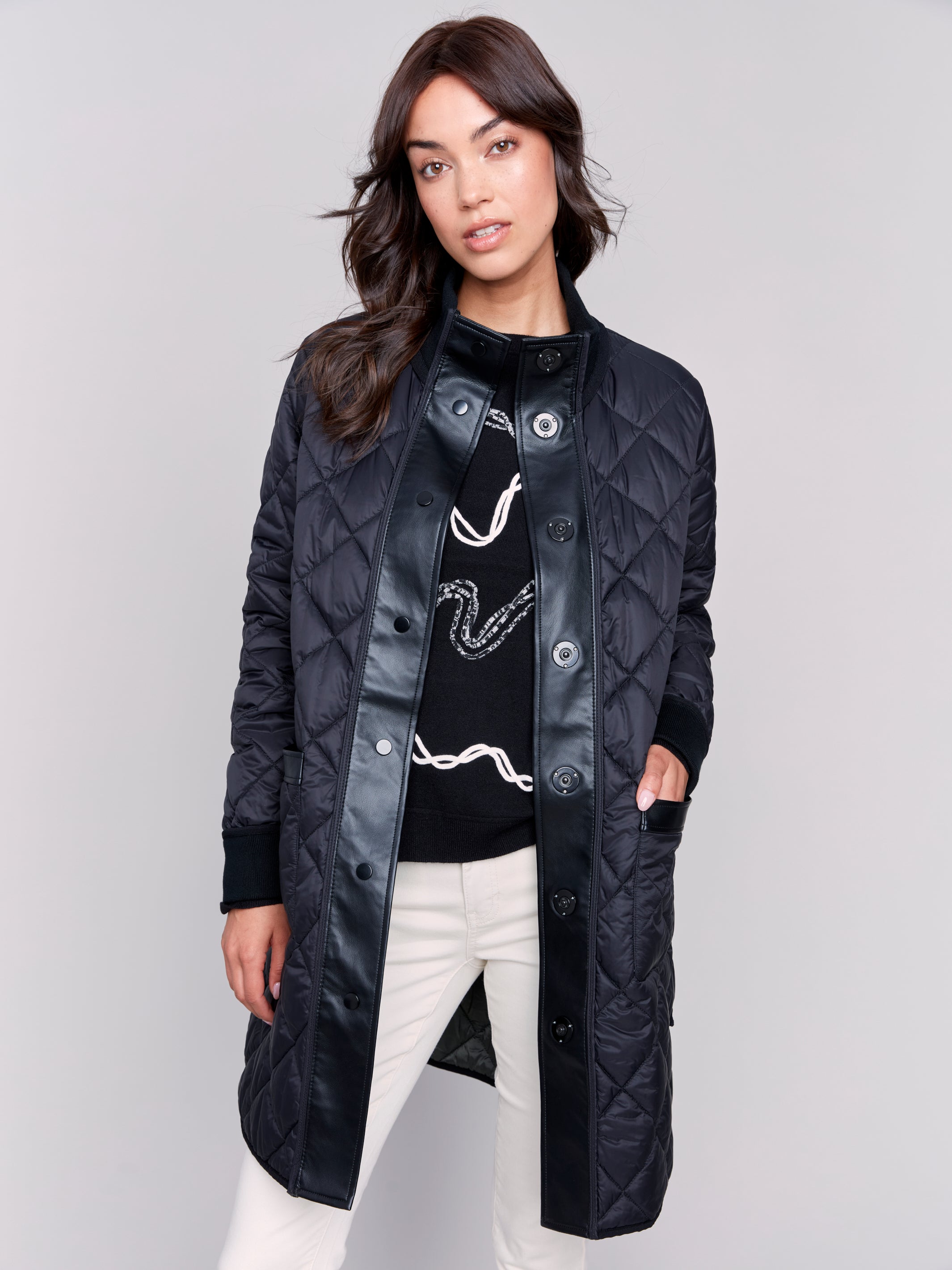 Leather Trim Reversible Quilted Puffer Jacket Black