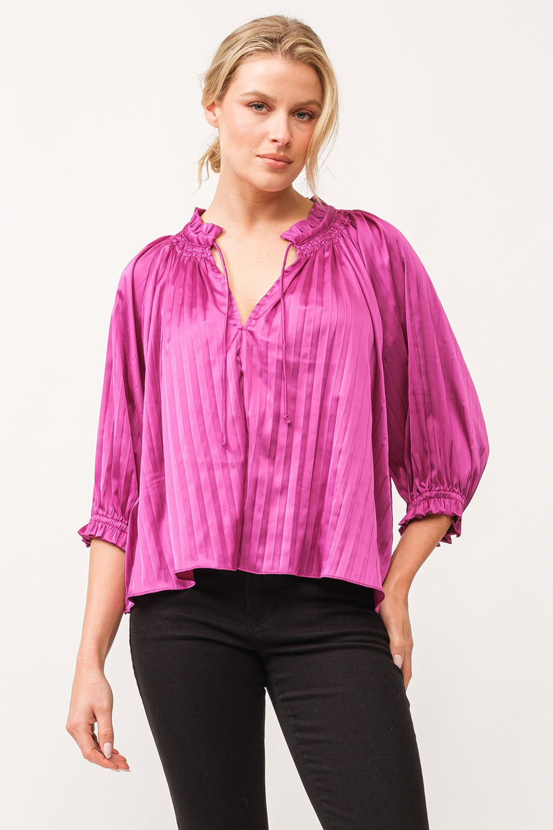 Anais Ruched Neck 3/4 Sleeve Pleated Blouse Dahlia Mauve