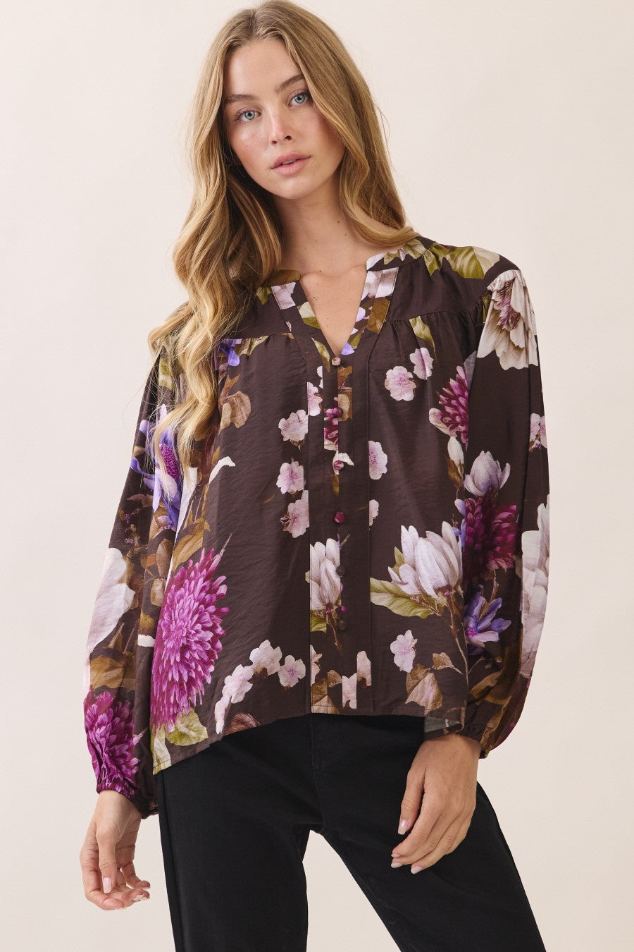 Peony Floral Button Detail Blouse Mystic Violet
