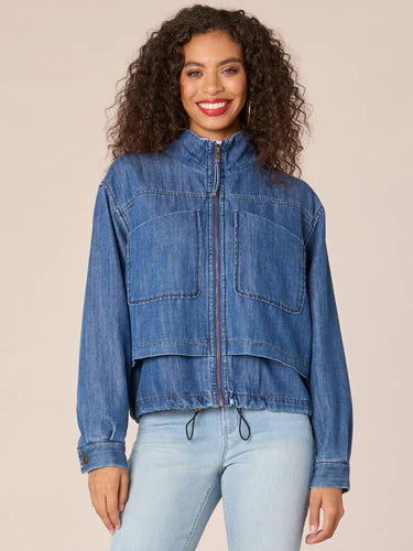 Double Layer Zip Front Bomber Jacket Mid Blue