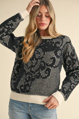 Lace Knit Pattern Sweater Black + Cream