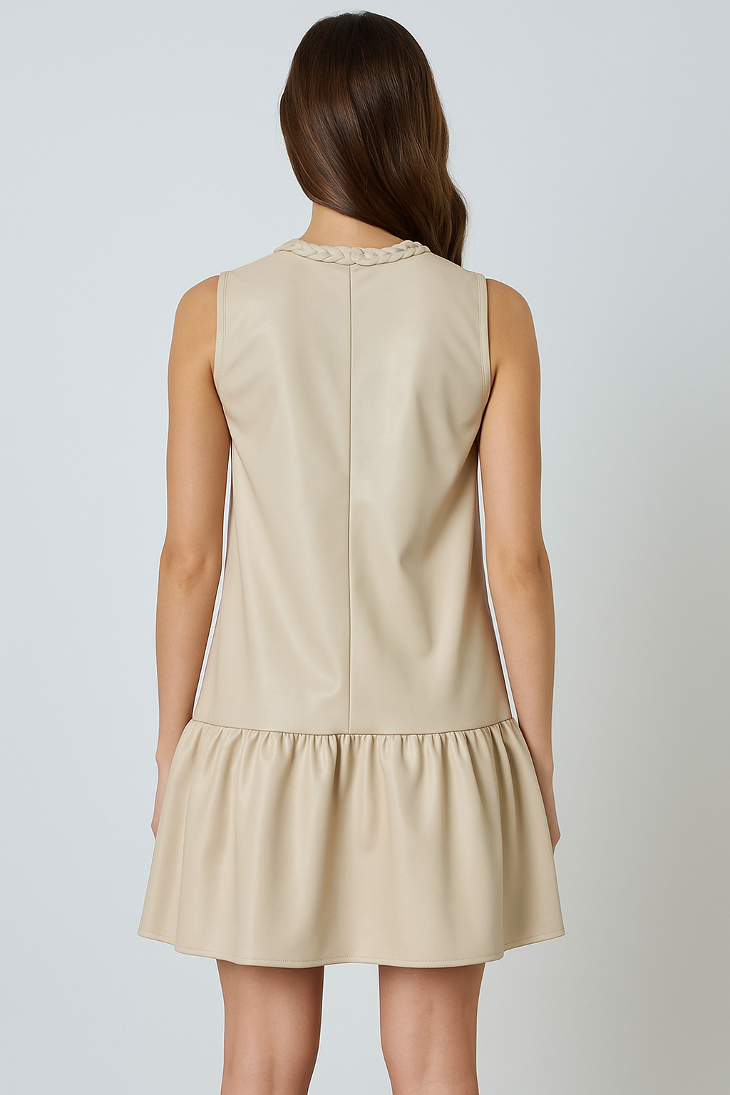 Braided Keyhole Neckline Sleeveless Leather Dress Ecru