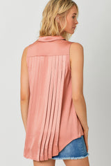 Collared Sleeveless Pleat Detail Blouse Berry