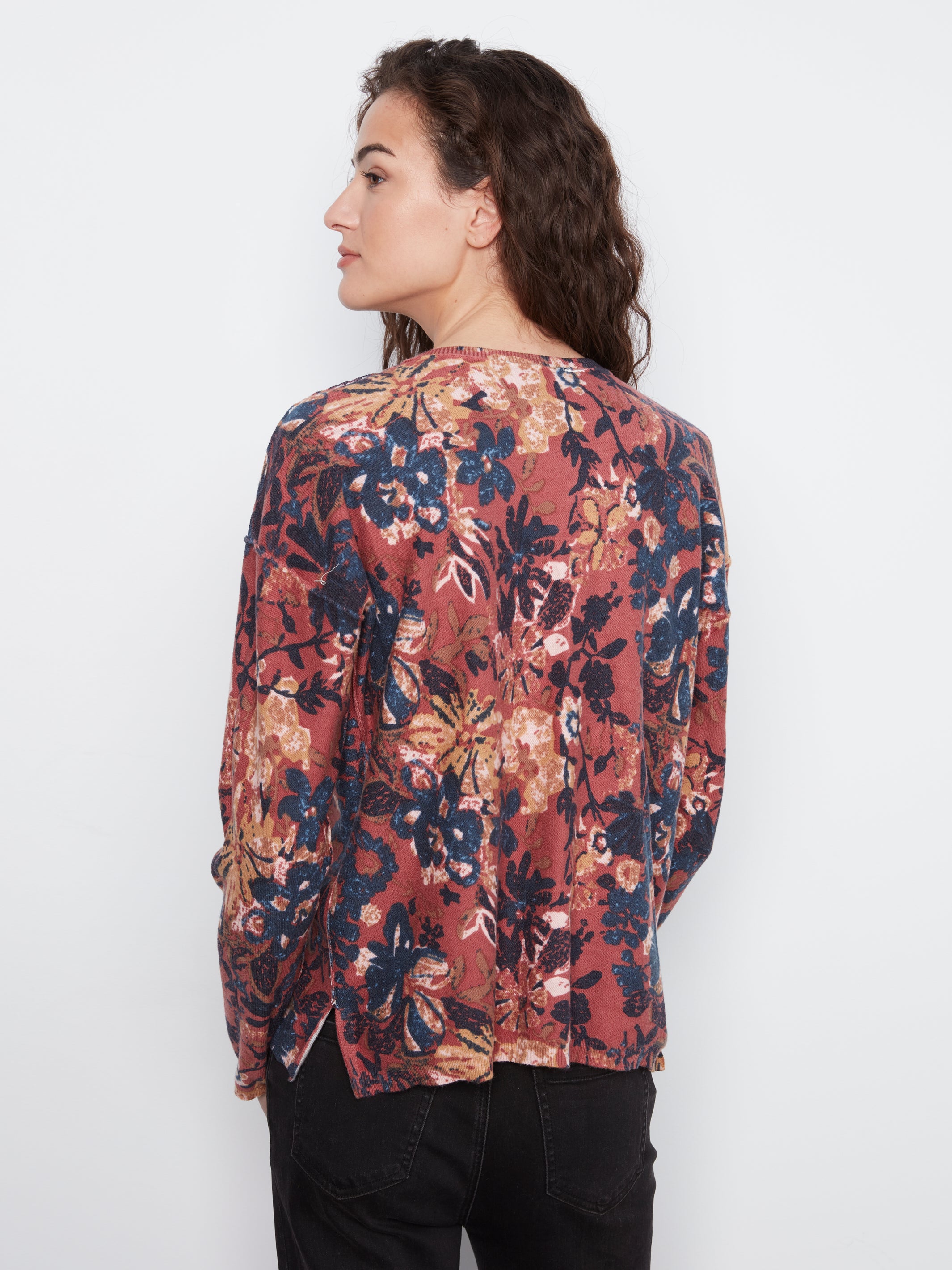 Reverse Print Floral Vneck Sweater Passion