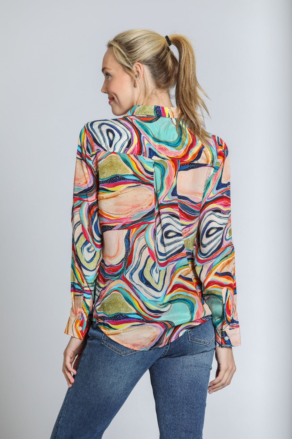 Long Sleeve Marble Printed Button Up Blouse Blue Multi