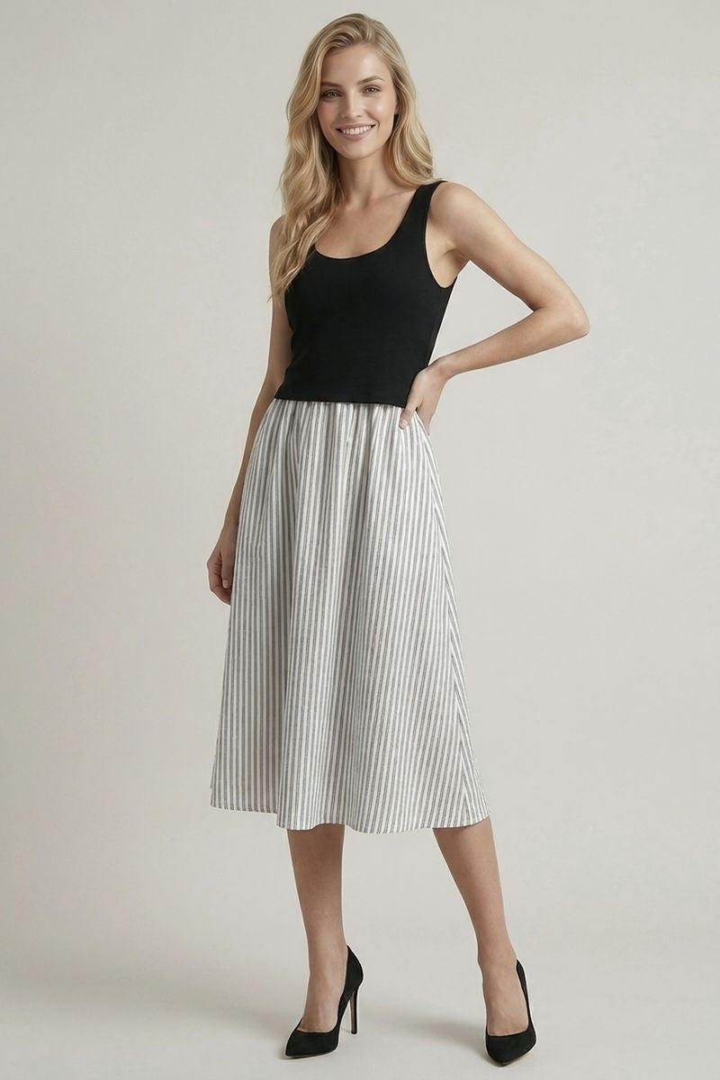 Striped Skirt Twofer Midi Dress Off White