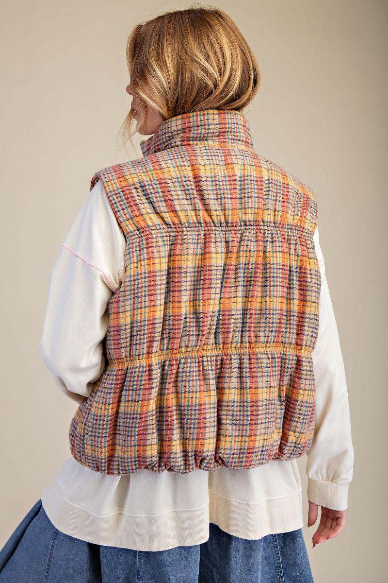 Plaid Scrunch Detail Vest Coral Blue