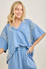 Mineral Washed Flower Daisy Trim Vneck Top Denim Blue