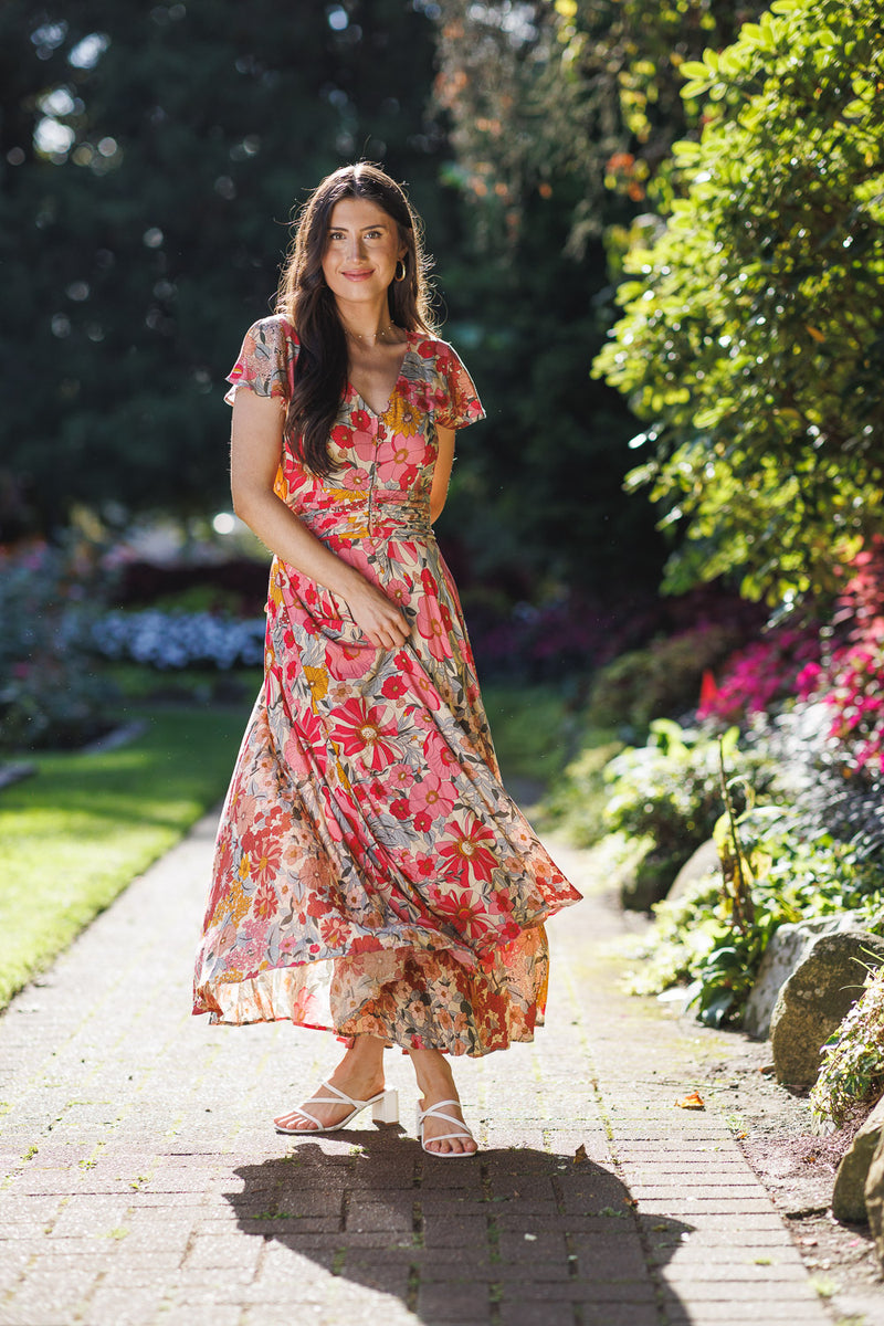 Retro Floral Pleated Waist Maxi Dress Multi