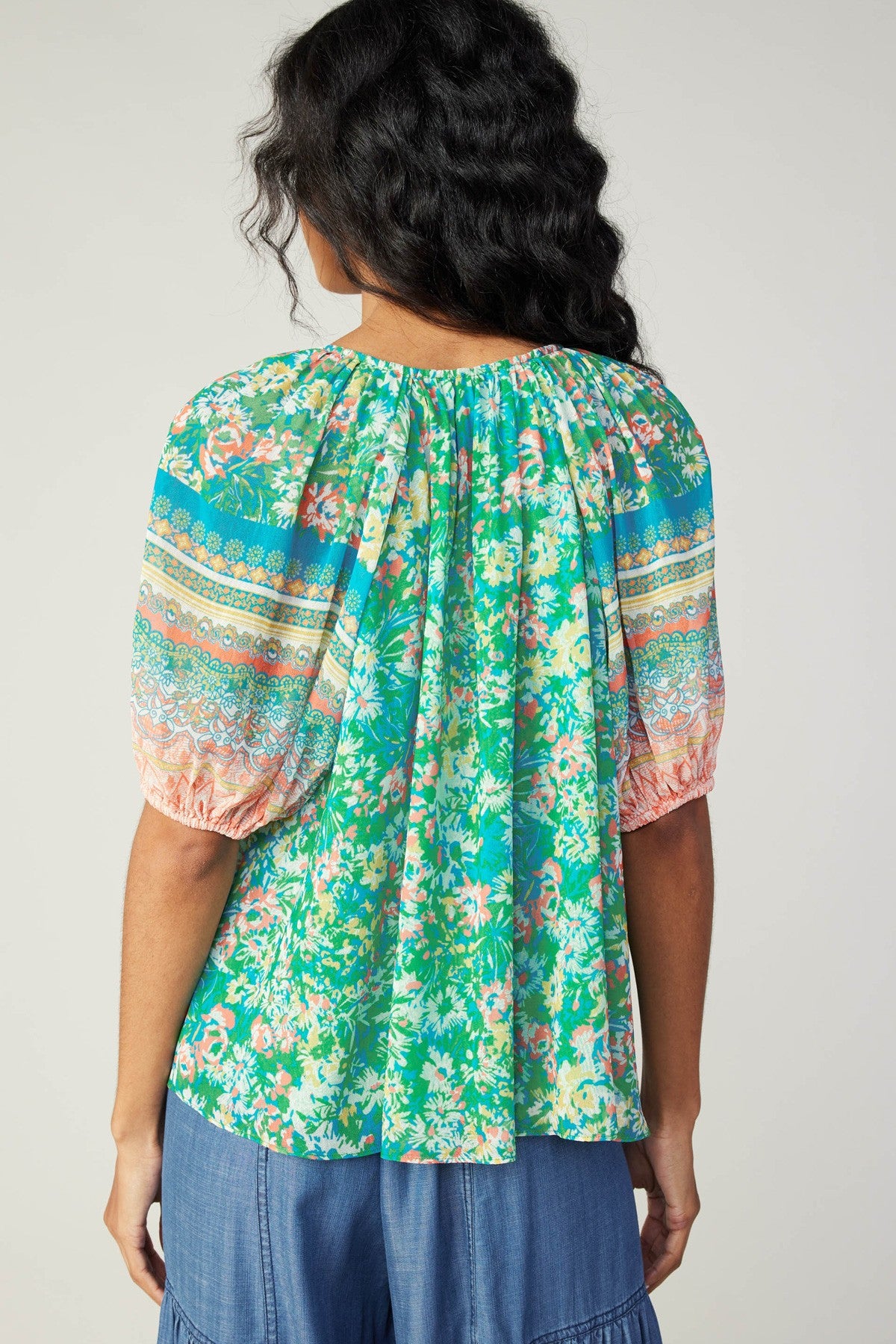 Floral Border Print Split Neck Half Sleeve Blouse Green Multi